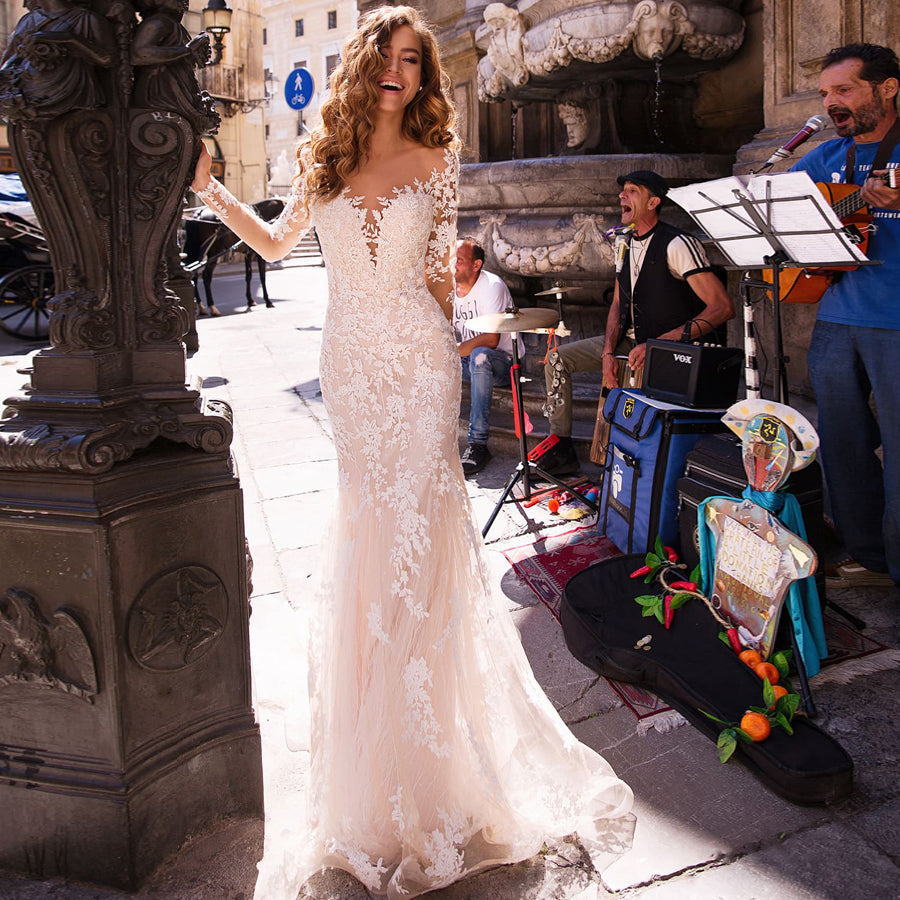 Robe de Mariée Sirène Dentelle Manche Longue