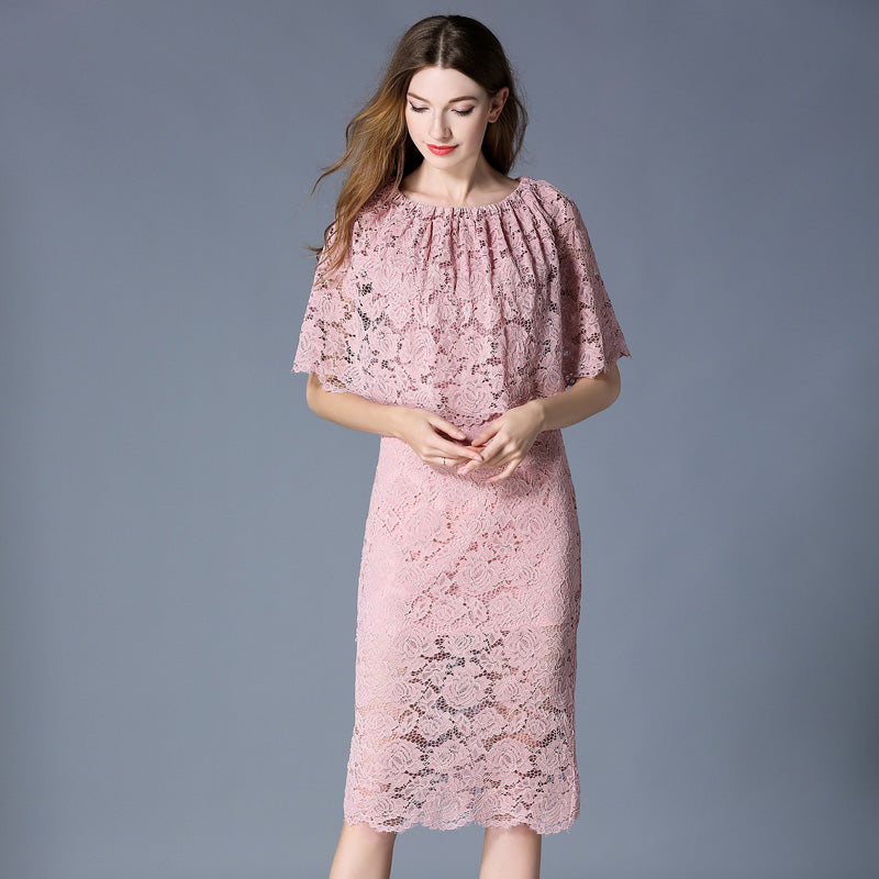 Robe Mi-Longue Dentelle Rose