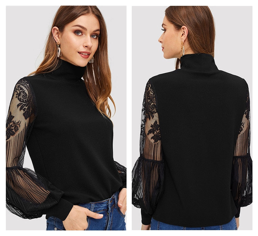 Top Dentelle Manche Longue Noir