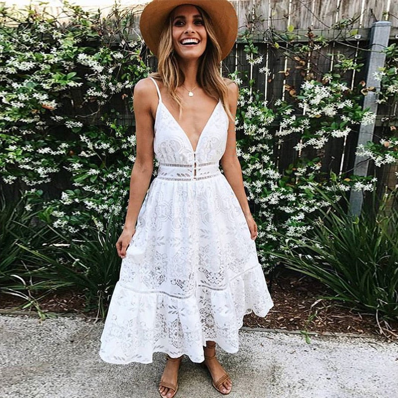 Robe Blanche Dentelle à Bretelles | Infinie Dentelle