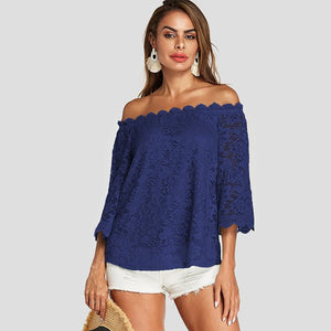 Top Dentelle Bleu Col Bateau