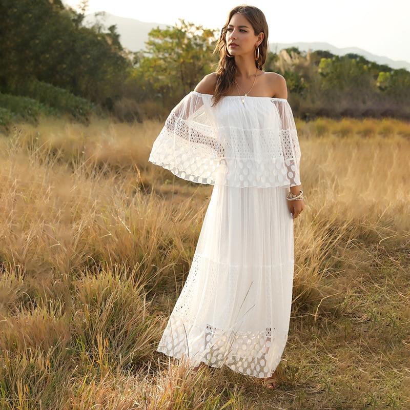 Robe Longue Dentelle Blanche Col Bateau