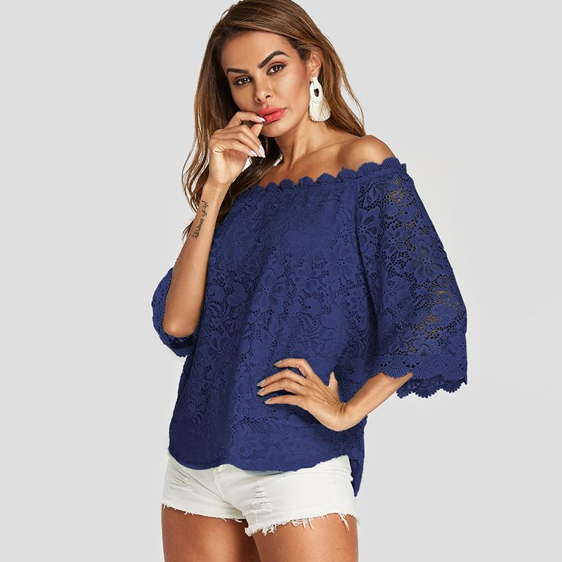 Top Dentelle Bleu Col Bateau